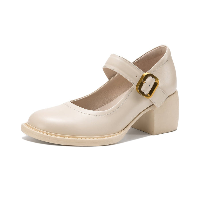 Women's Vintage 1960s Style Strap Pumps - Leather Elegant Round Toe Block Heels