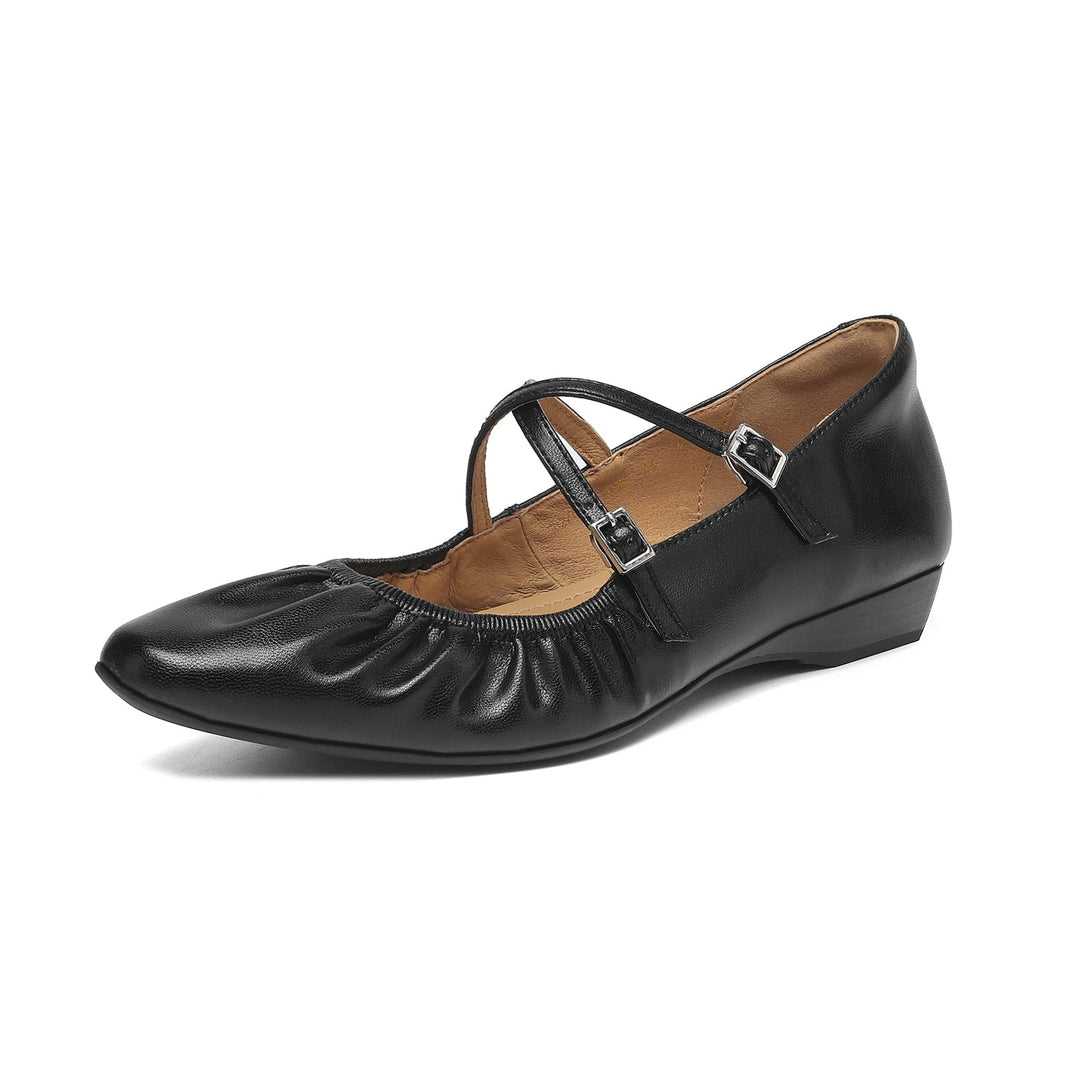 Women's Handmade Soft Lambskin Ballet Flats with Pleated Toe - Elegant Cross-Strap Mary Janes