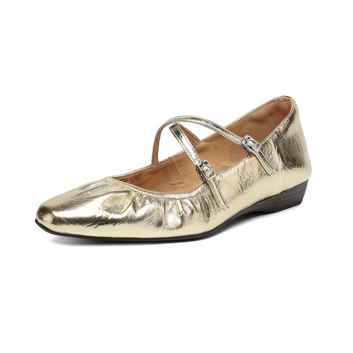 Women's Handmade Soft Lambskin Ballet Flats with Pleated Toe - Elegant Cross-Strap Mary Janes
