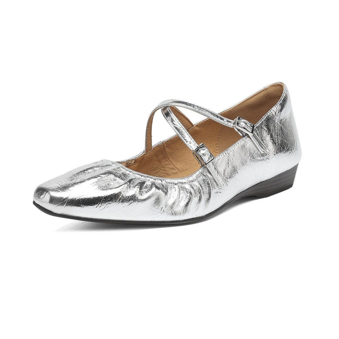 Women's Handmade Soft Lambskin Ballet Flats with Pleated Toe - Elegant Cross-Strap Mary Janes