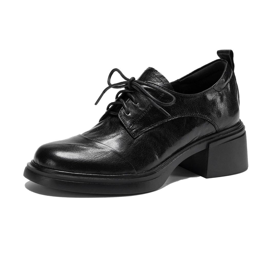 Women's Sheepskin Oxford Shoes - Sophisticated Round Toe Block Heels