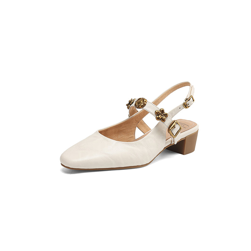 Women's Handmade Leather Vintage Flower Buckle Embellished Closed Toe Sandals
