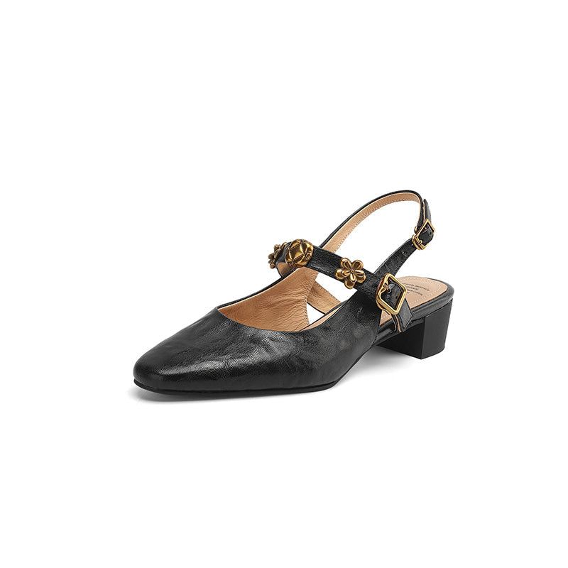 Women's Handmade Leather Vintage Flower Buckle Embellished Closed Toe Sandals