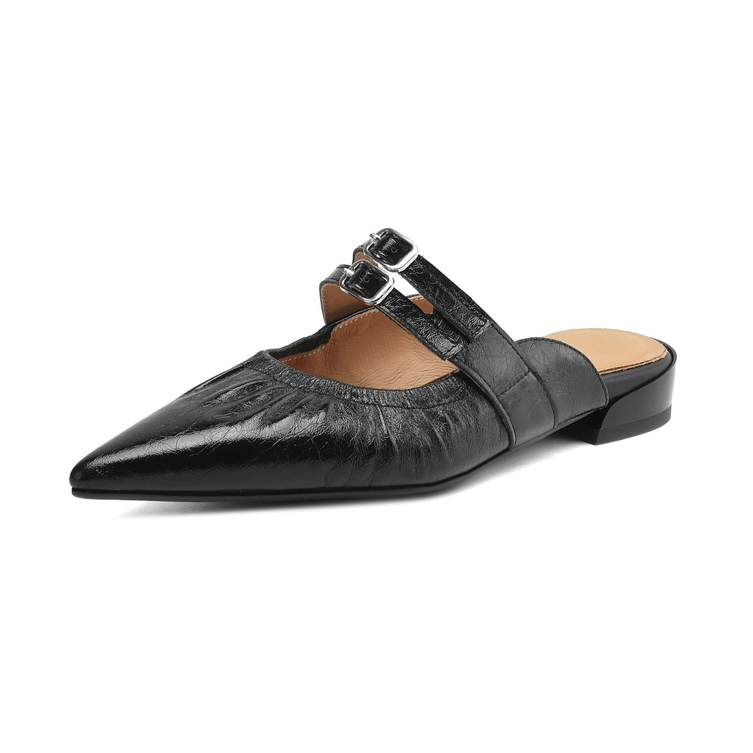 Womens Pointed Toe Stylish Double Buckle Sheepskin Low Heel Mule Shoes