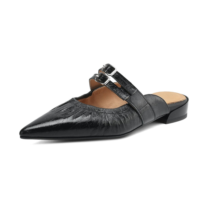 Womens Pointed Toe Stylish Double Buckle Sheepskin Low Heel Mule Shoes