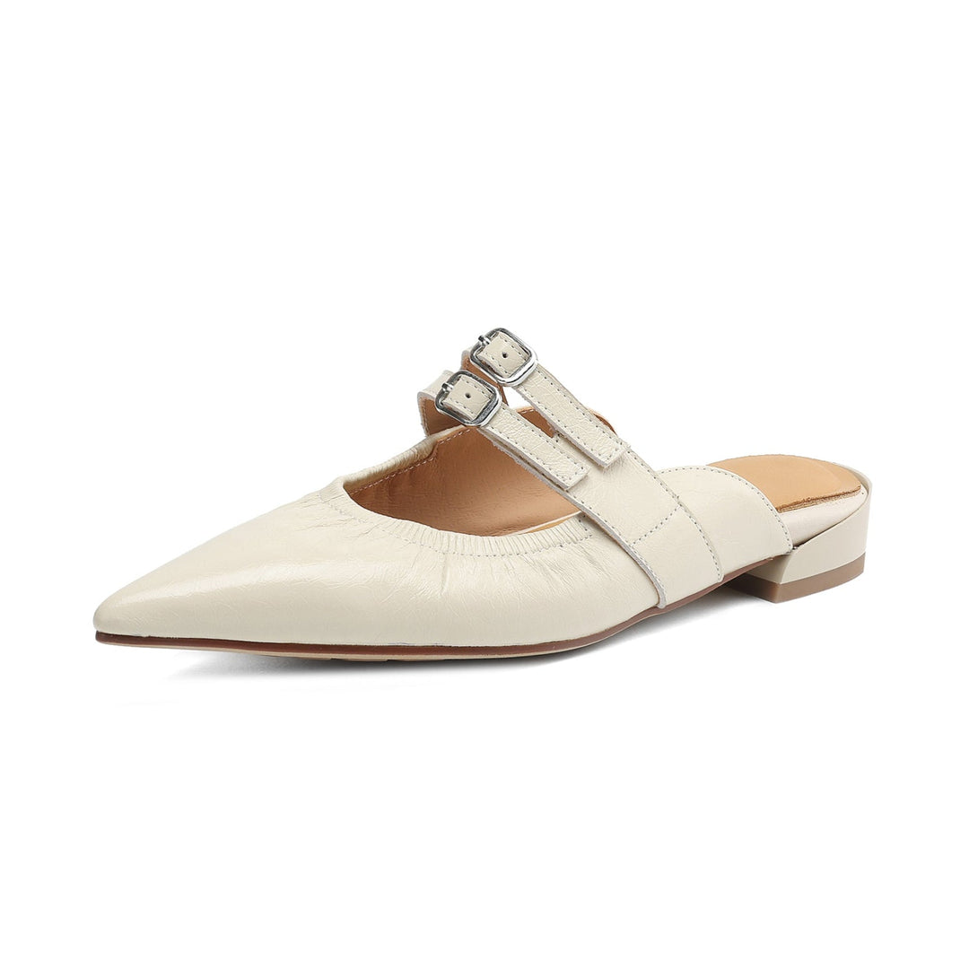 Womens Pointed Toe Stylish Double Buckle Sheepskin Low Heel Mule Shoes
