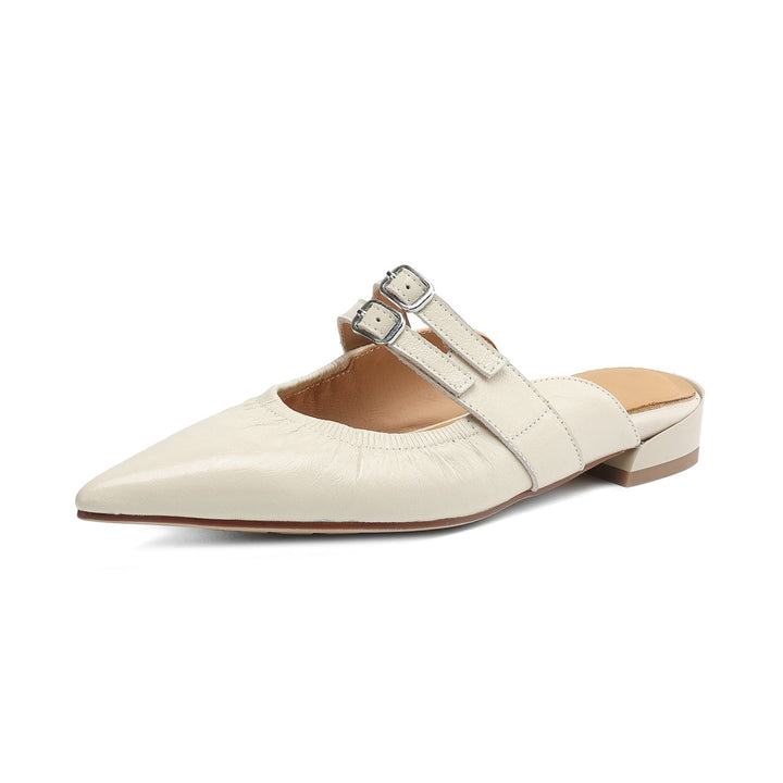 Womens Pointed Toe Stylish Double Buckle Sheepskin Low Heel Mule Shoes