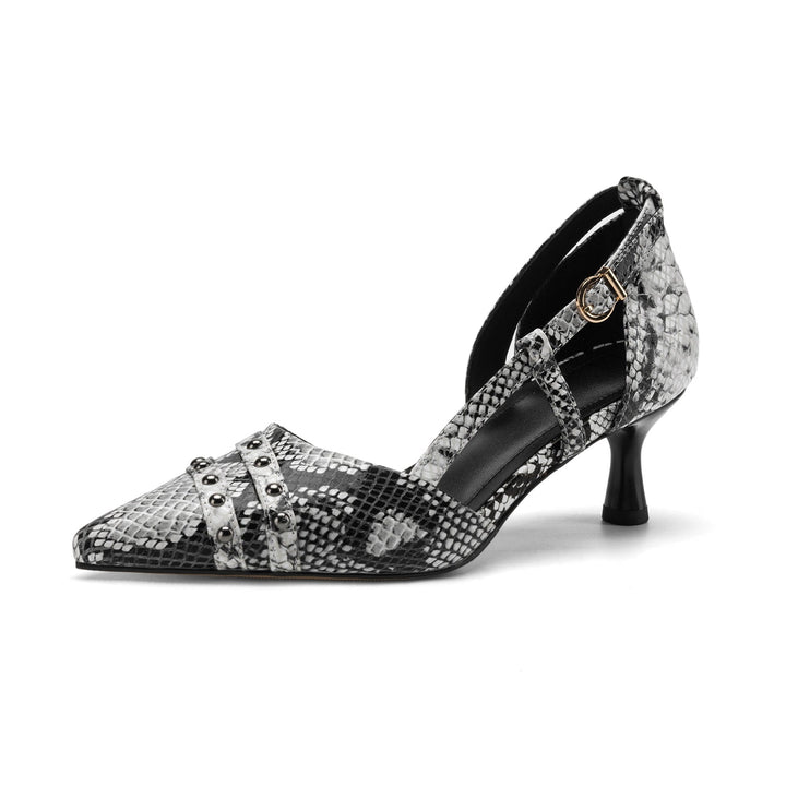 French Chic Snake Pattern Leather Pumps - Elegant Pointed Toe Office Heels