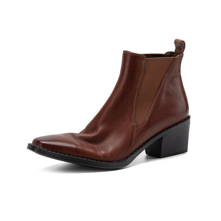 Women's Retro Cowhide Chelsea Boots Vintage Square Toe Slip-on Block High Heel Booties