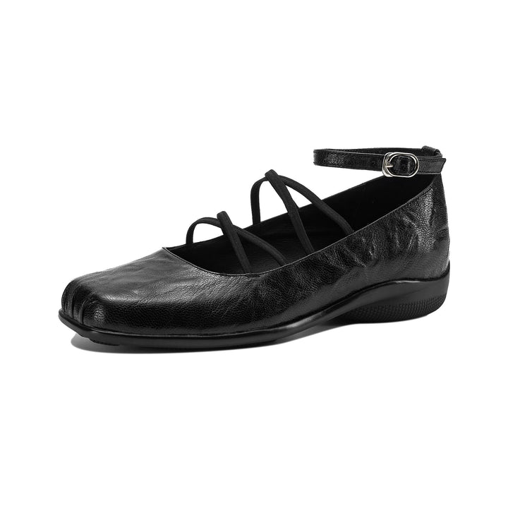 Women's Sheepskin Flats - Block Heel - Square Toe Strappy Mary Janes