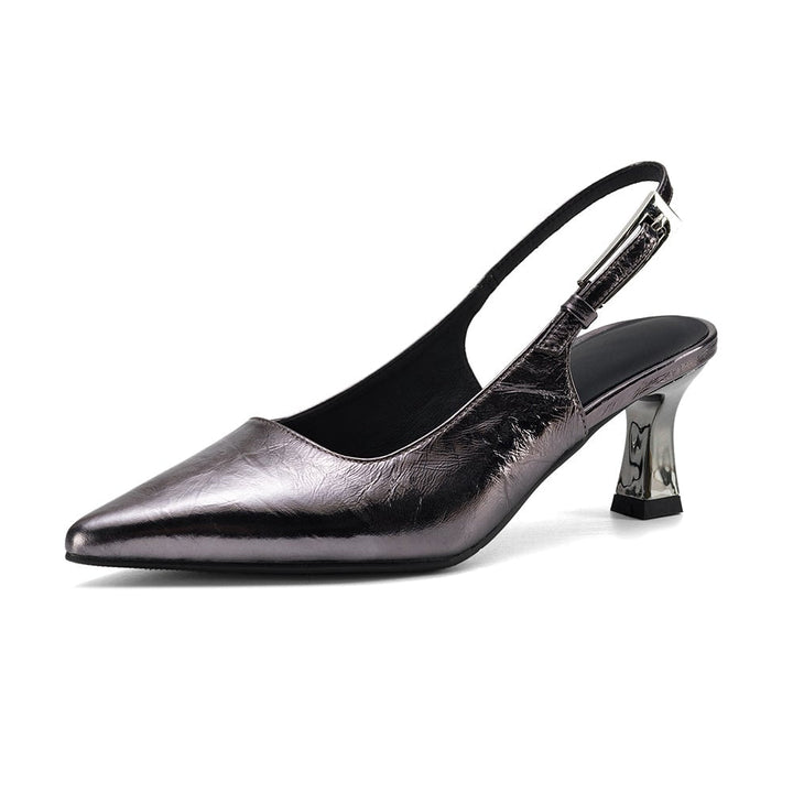 Handmade Metallic Leather Slingback Pumps - Women's Pointed Toe Kitten Heels
