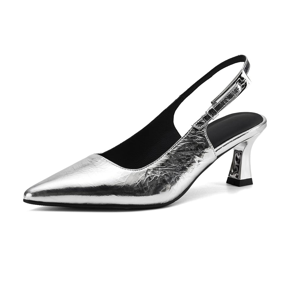 Handmade Metallic Leather Slingback Pumps - Women's Pointed Toe Kitten Heels