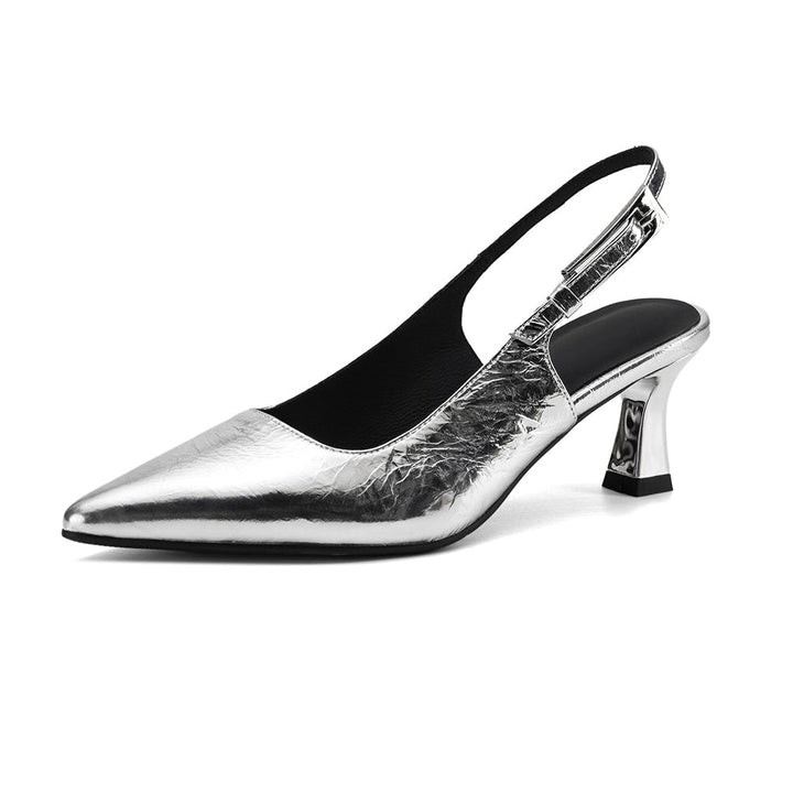 Handmade Metallic Leather Slingback Pumps - Women's Pointed Toe Kitten Heels