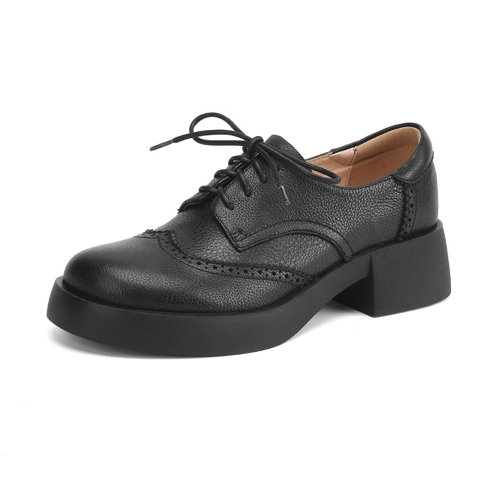 Women's Sheepskin Brogue Oxfords Retro Round Toe Lace-up Platform Chunky Heel Derby Shoes