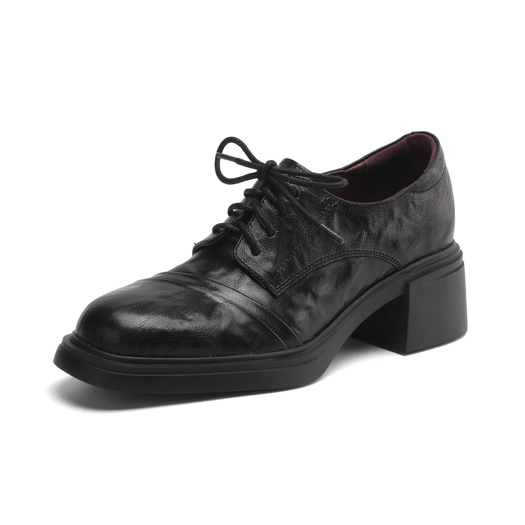 Women's Retro Sheepskin Oxfords Vintage Square Toe Lace-up Block Heel Pumps