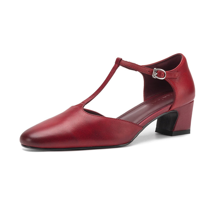 Women's Leather T-Strap Pumps - Vintage Washed Cowhide Closed Mid Block Heel Sandals d'Orsay Shoes with Buckle Strap
