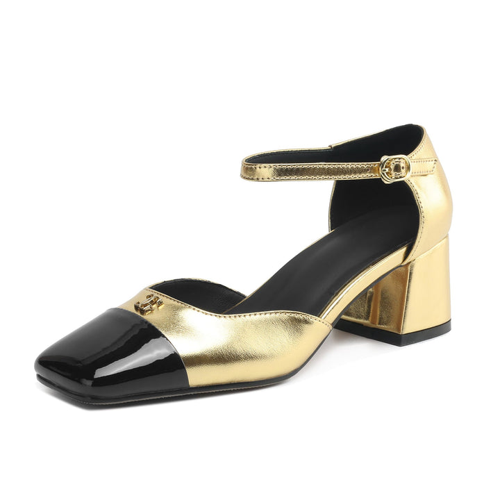 Premium Lambskin Summer Heels for Women - Luxurious Two-tone Square Toe Pumps with Buckle Strap