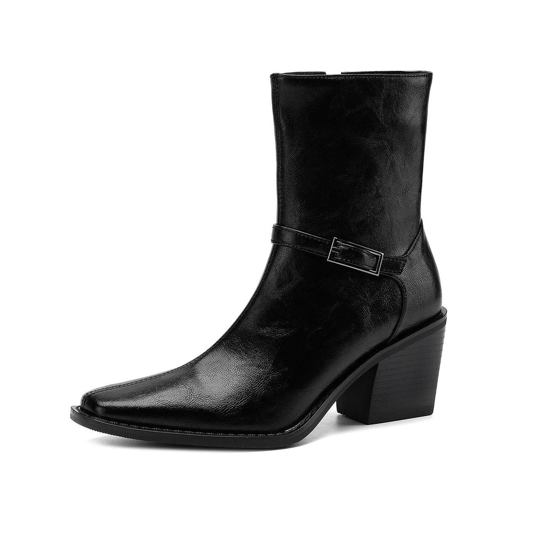 Women's Retro Cowhide Ankle Boots Square Toe Buckle Strap Chunky High Heel Zipper Booties