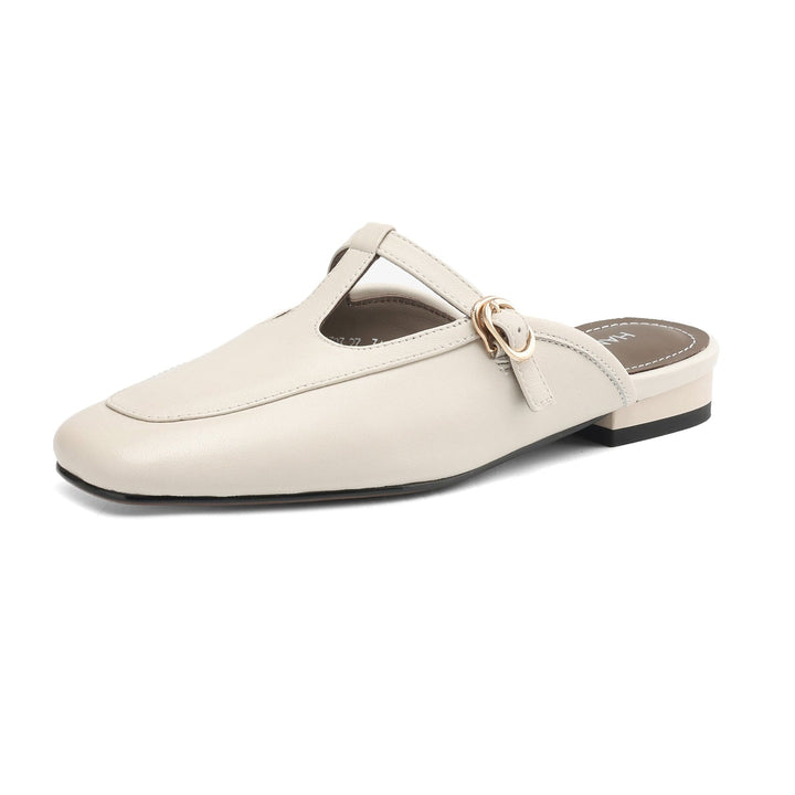 Women's Ultra-Soft Sheepskin-Lined Leather Mules - Breathable T-Strap Backless Flats - Handcrafted Summer Slip-Ons