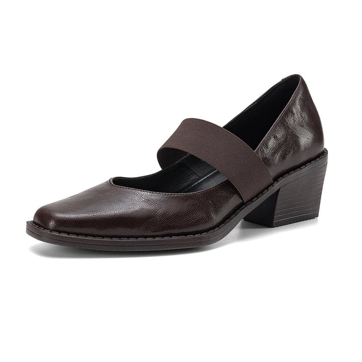 Women’s Sheepskin Square Toe Block Heel Shoes – Elastic Strap Mid Heel Pumps