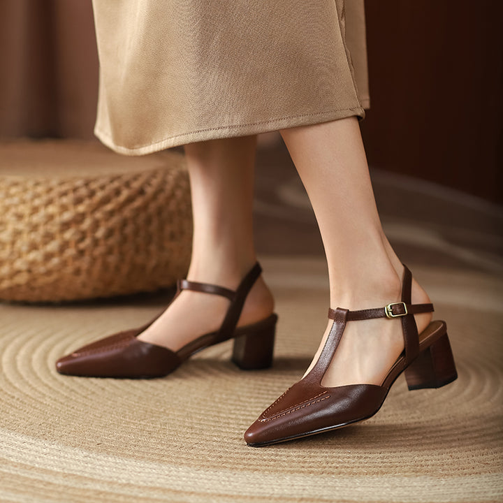 Womens Designer T Strap Leather Pumps Heels