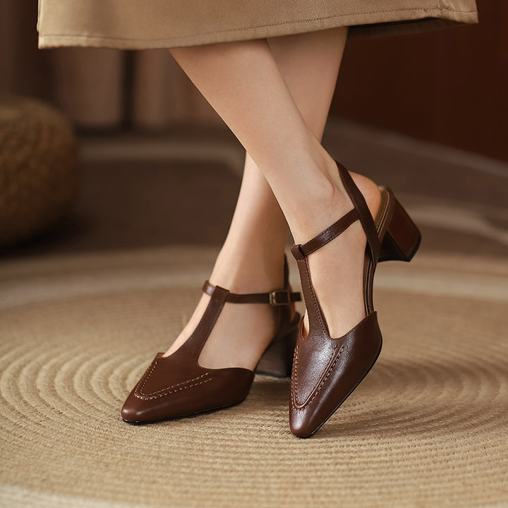 Womens Designer T Strap Leather Pumps Heels