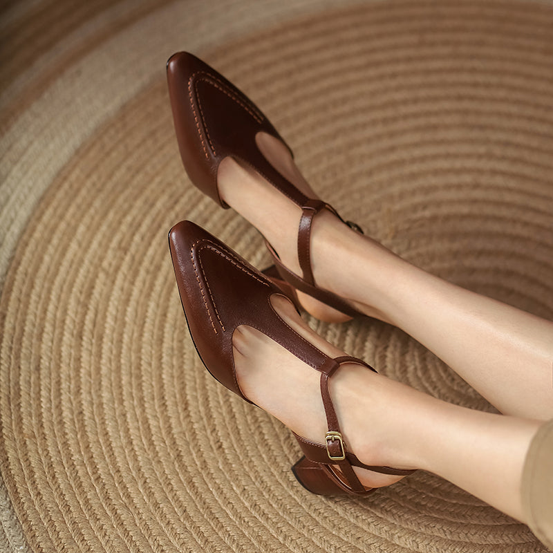 Womens Designer T Strap Leather Pumps Heels