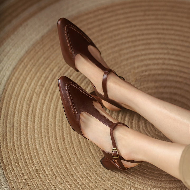 Womens Designer T Strap Leather Pumps Heels