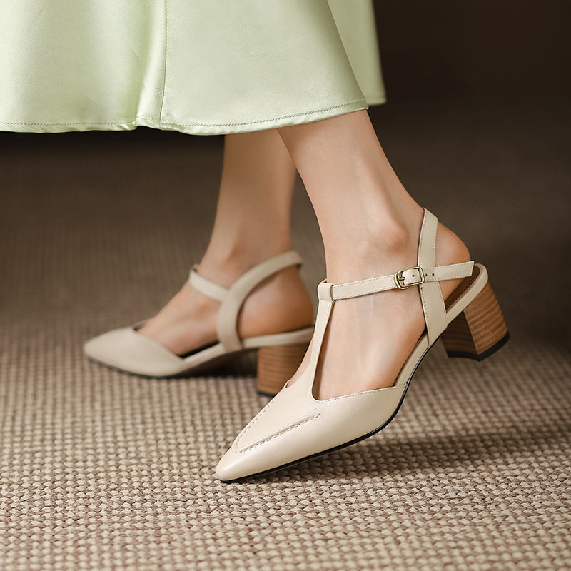 Womens Designer T Strap Leather Pumps Heels