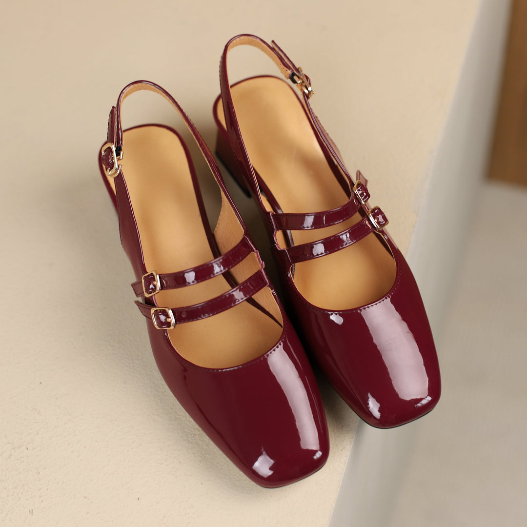Women's Stylish Patent Leather Mary Jane Double Strap Buckle Low Heel Block Sandals