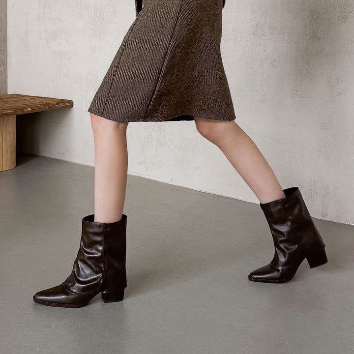 Women‘s Retro Cowhide Ankle Boots Vintage Square Toe Slouchy Slip-on Block High Heel Booties