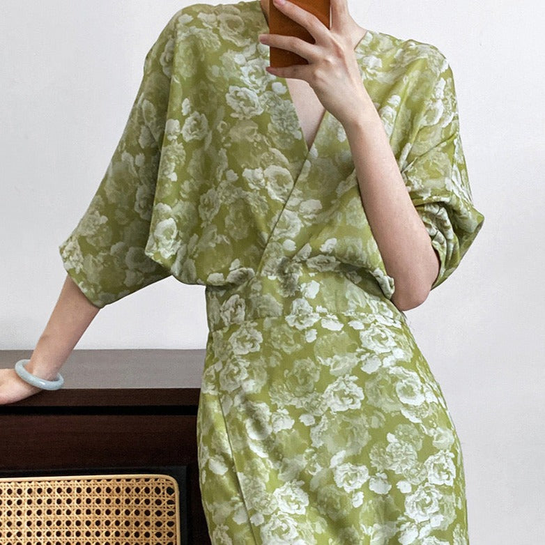 Summer Japanese style Print V-Neck Batwing Sleeve Dress