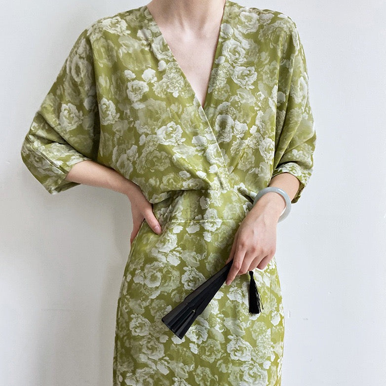 Summer Japanese style Print V-Neck Batwing Sleeve Dress