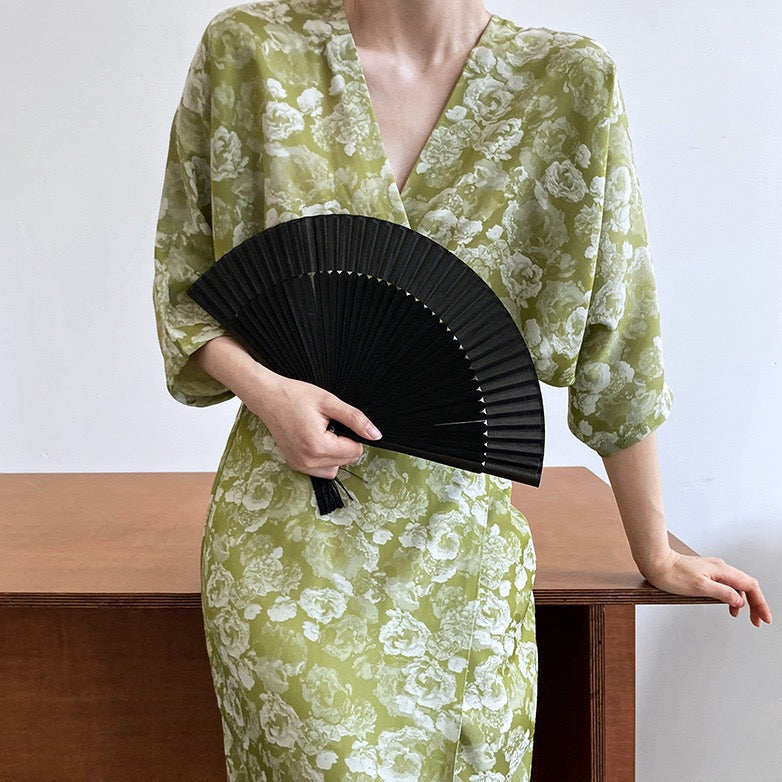 Summer Japanese style Print V-Neck Batwing Sleeve Dress