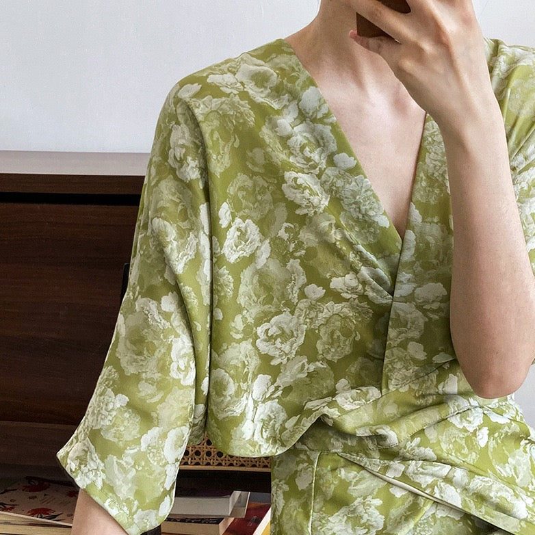 Summer Japanese style Print V-Neck Batwing Sleeve Dress