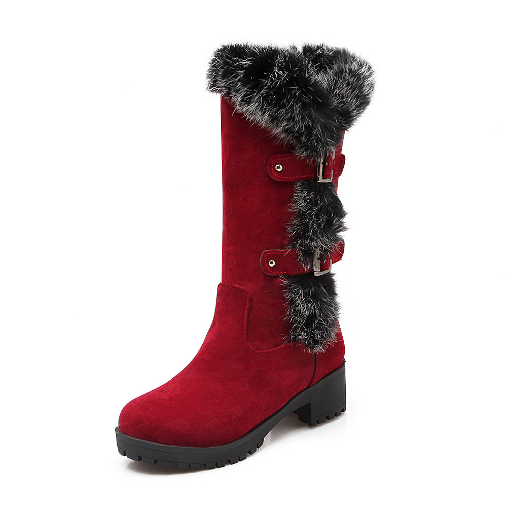 Women Winter Snow Boots Real Fur Rabbit Buckle Comfy Warm Mid-Calf High Boots