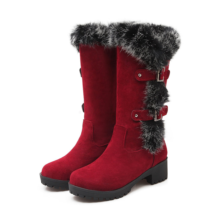 Women Winter Snow Boots Real Fur Rabbit Buckle Comfy Warm Mid-Calf High Boots