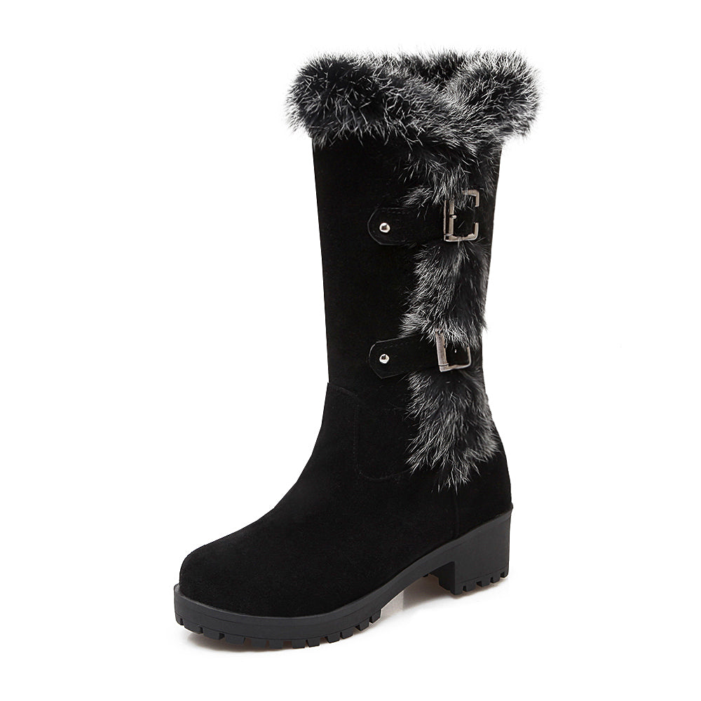 Women Winter Snow Boots Real Fur Rabbit Buckle Comfy Warm Mid-Calf High Boots
