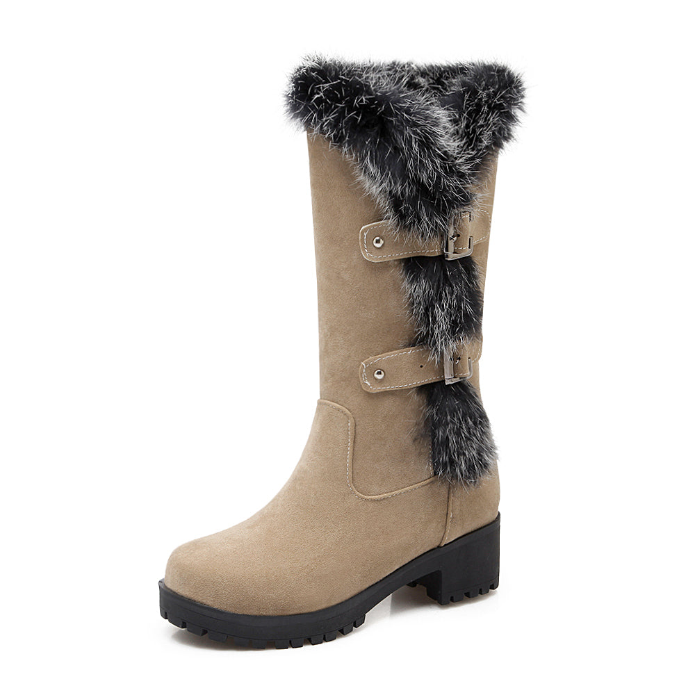 Women Winter Snow Boots Real Fur Rabbit Buckle Comfy Warm Mid-Calf High Boots