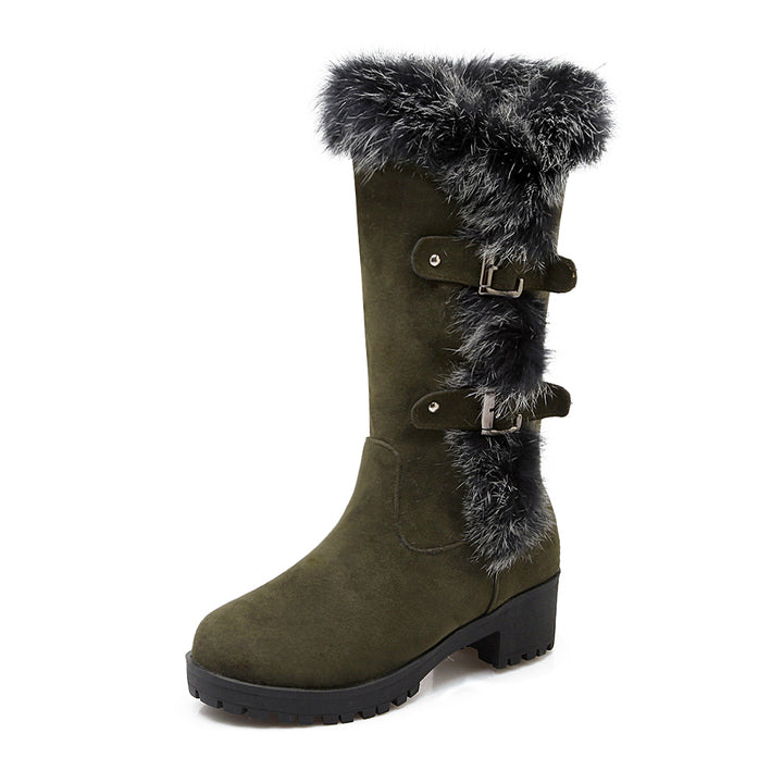 Women Winter Snow Boots Real Fur Rabbit Buckle Comfy Warm Mid-Calf High Boots