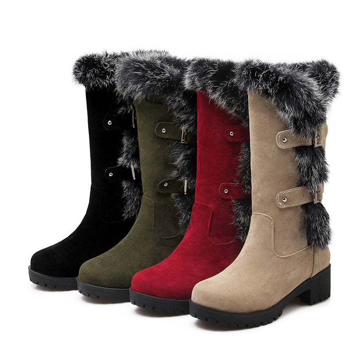 Women Winter Snow Boots Real Fur Rabbit Buckle Comfy Warm Mid-Calf High Boots