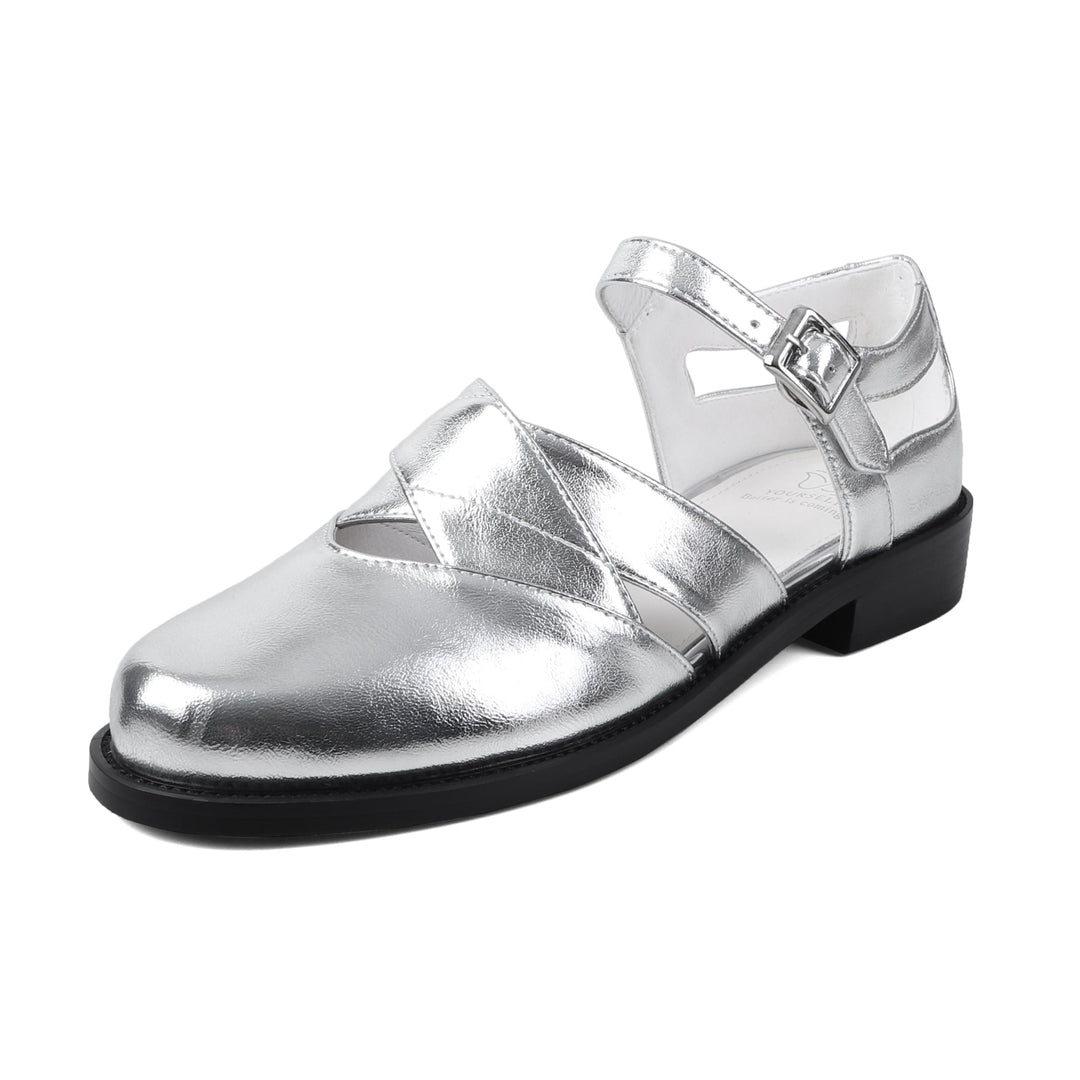 Women's Handmade Genuine Leather Buckle Hollow out Mary Jane Flats