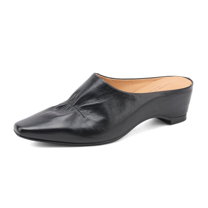 Women's Leather Ruched Square Toe Mules Minimalist Wedge Sandals
