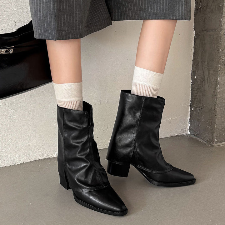 Women‘s Retro Cowhide Ankle Boots Vintage Square Toe Slouchy Slip-on Block High Heel Booties