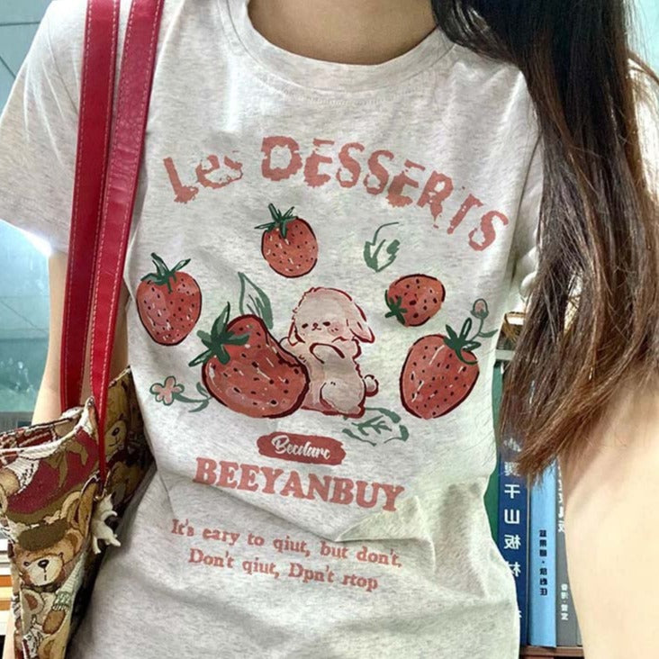 Women's Japanese Cute T-Shirt Summer Kawaii Strawberry Rabbit Print T-Shirt