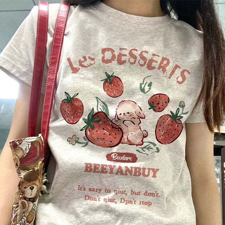 Women's Japanese Cute T-Shirt Summer Kawaii Strawberry Rabbit Print T-Shirt