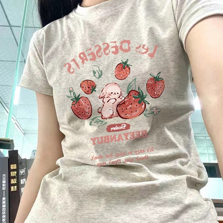 Women's Japanese Cute T-Shirt Summer Kawaii Strawberry Rabbit Print T-Shirt