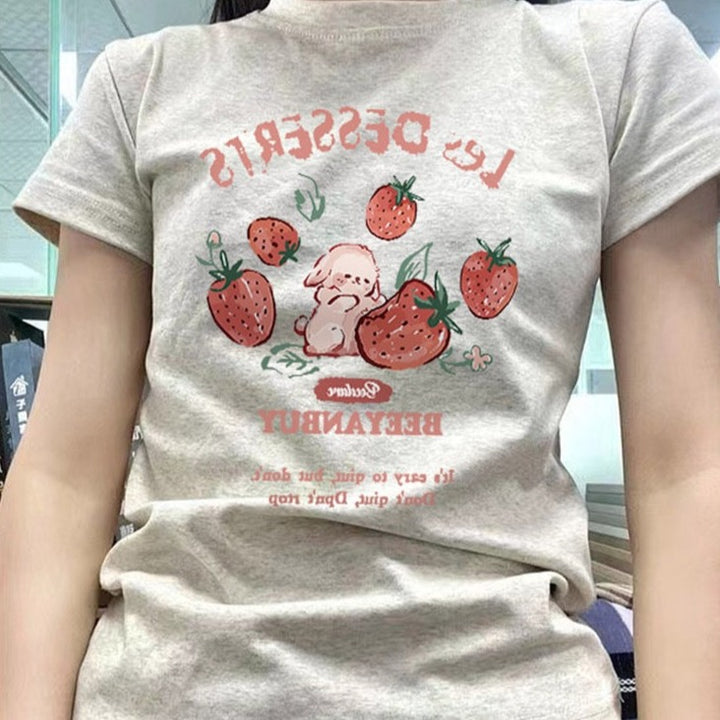 Women's Japanese Cute T-Shirt Summer Kawaii Strawberry Rabbit Print T-Shirt