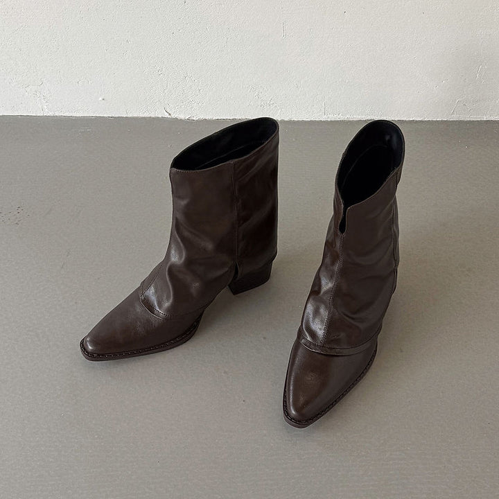 Women‘s Retro Cowhide Ankle Boots Vintage Square Toe Slouchy Slip-on Block High Heel Booties