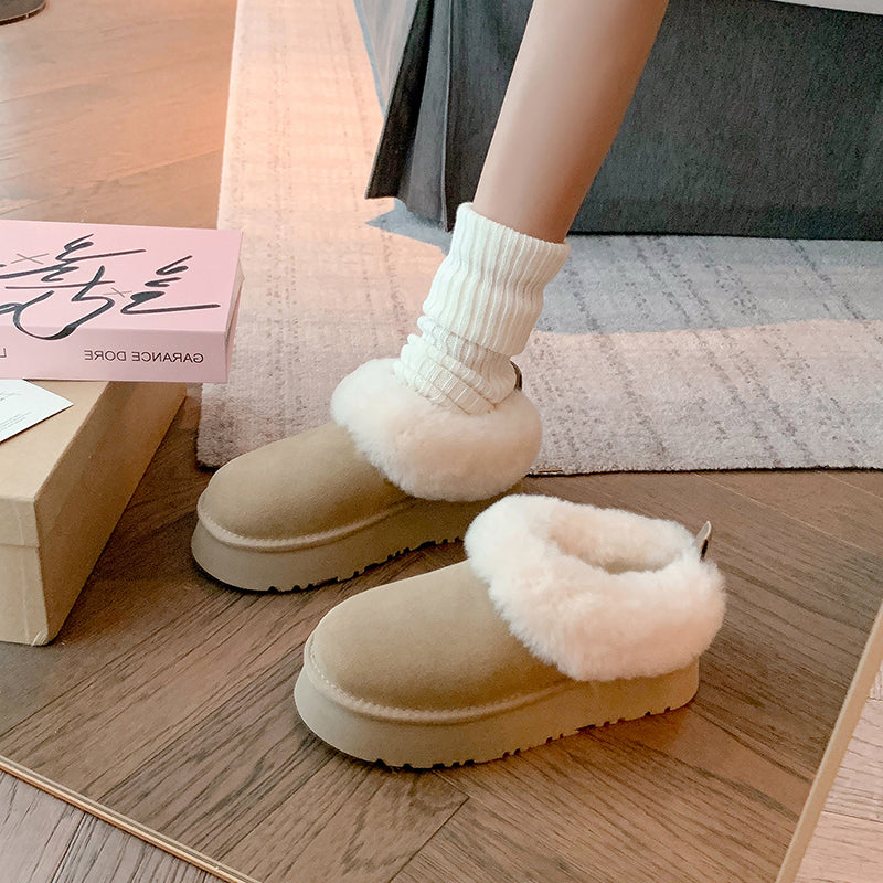 Women's Genuine Leather Platform Fleece-lined Winter Warm Snow Mules